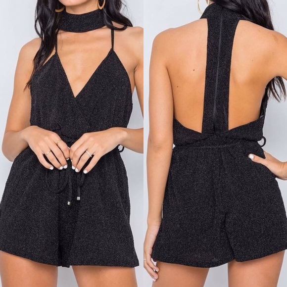 Pants - ‼️ Black Sparkle Choker Waist Tie Romper